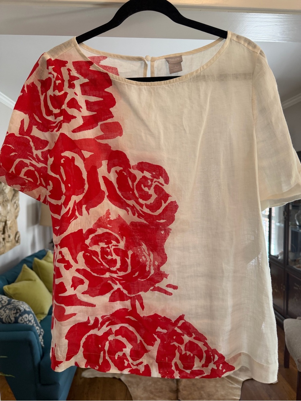Chico's Cream Blouse with Bold Red Rose Print